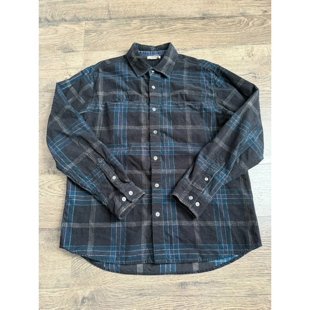 EUC Men Carbon 2 Cobalt Corduroy Black Blue Plaid Button Up Long Sleeve size M